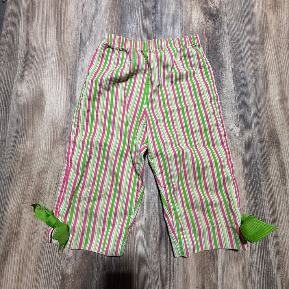 Kids Vintage Pink Green Striped Bow Hem Capri Pants Size 6